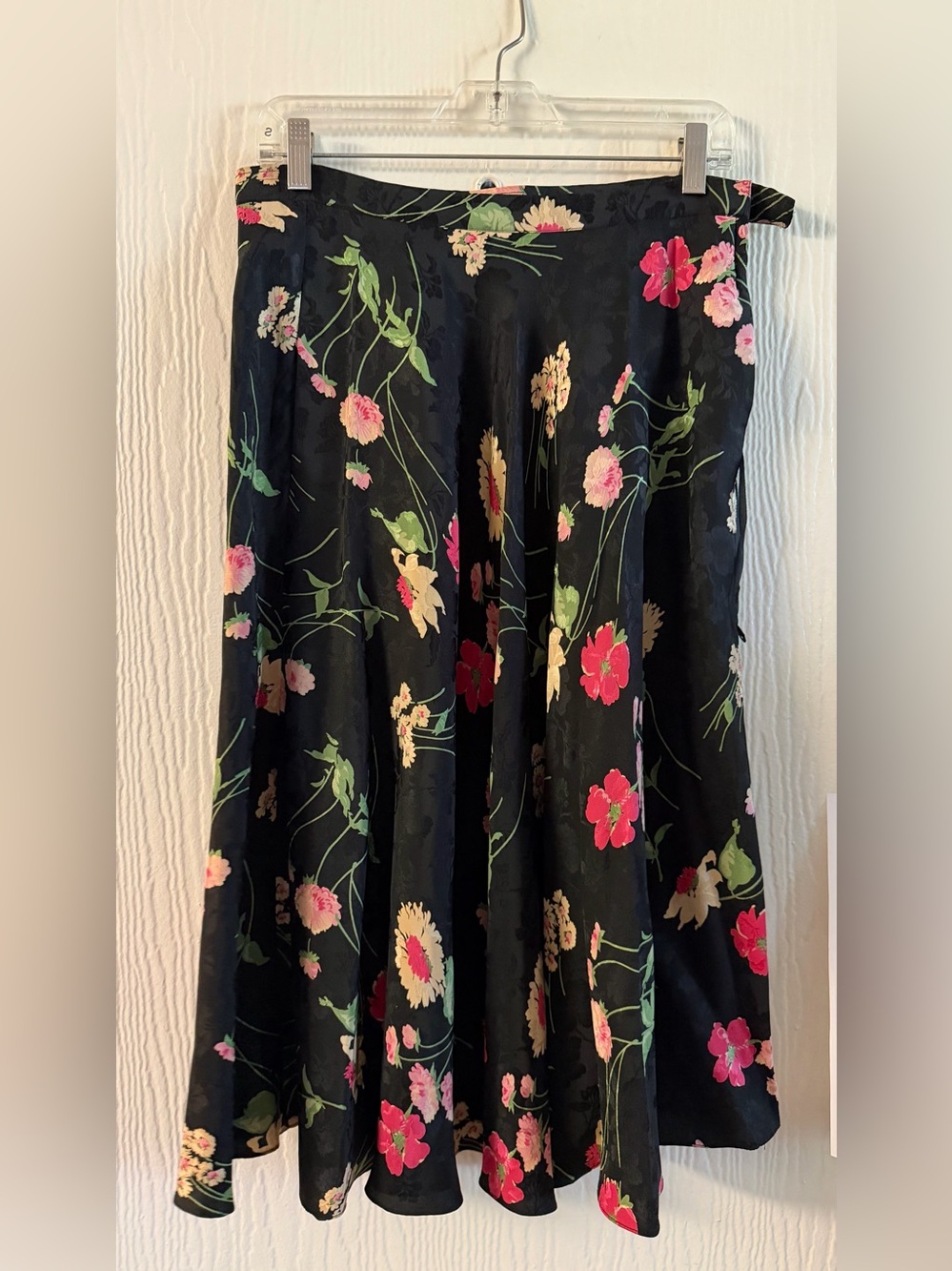 Floral A-Line Midi Skirt - Black with Pink & Green Floral